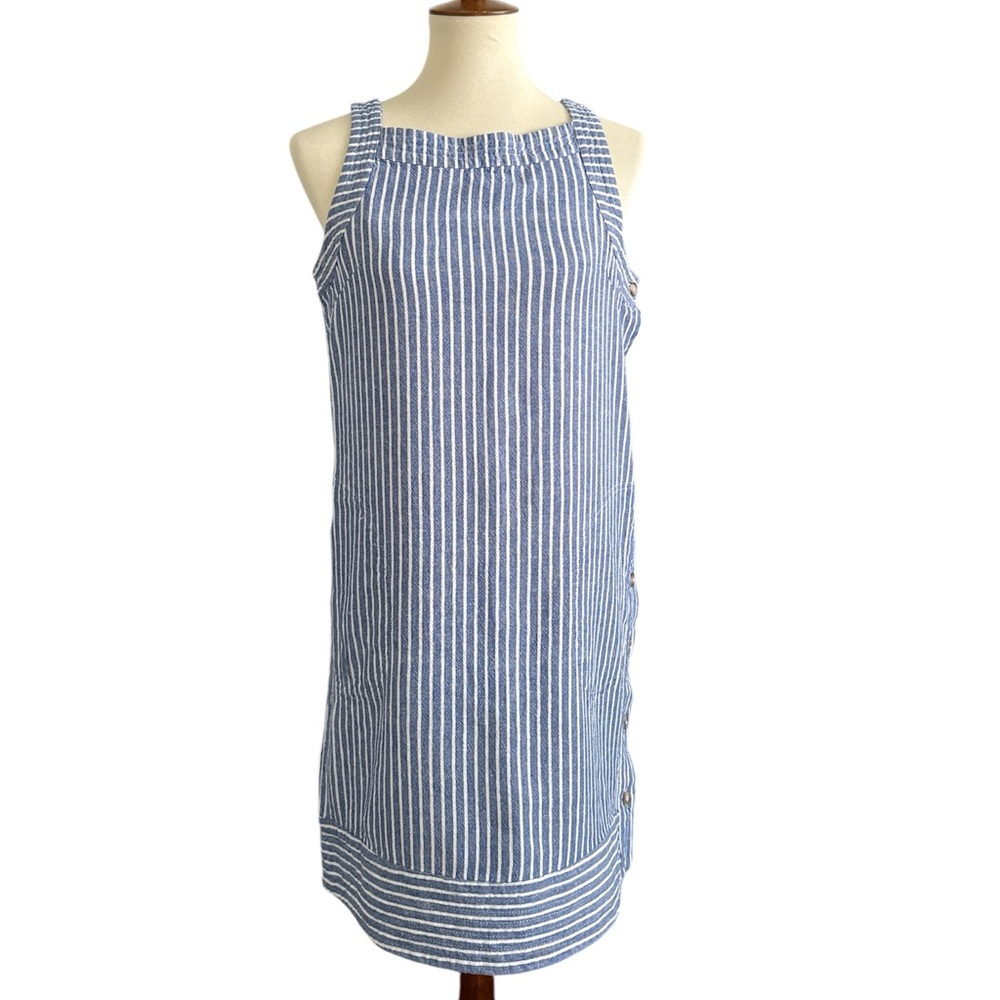 For Cynthia Linen Blend Blue & White Stripe Dress Small